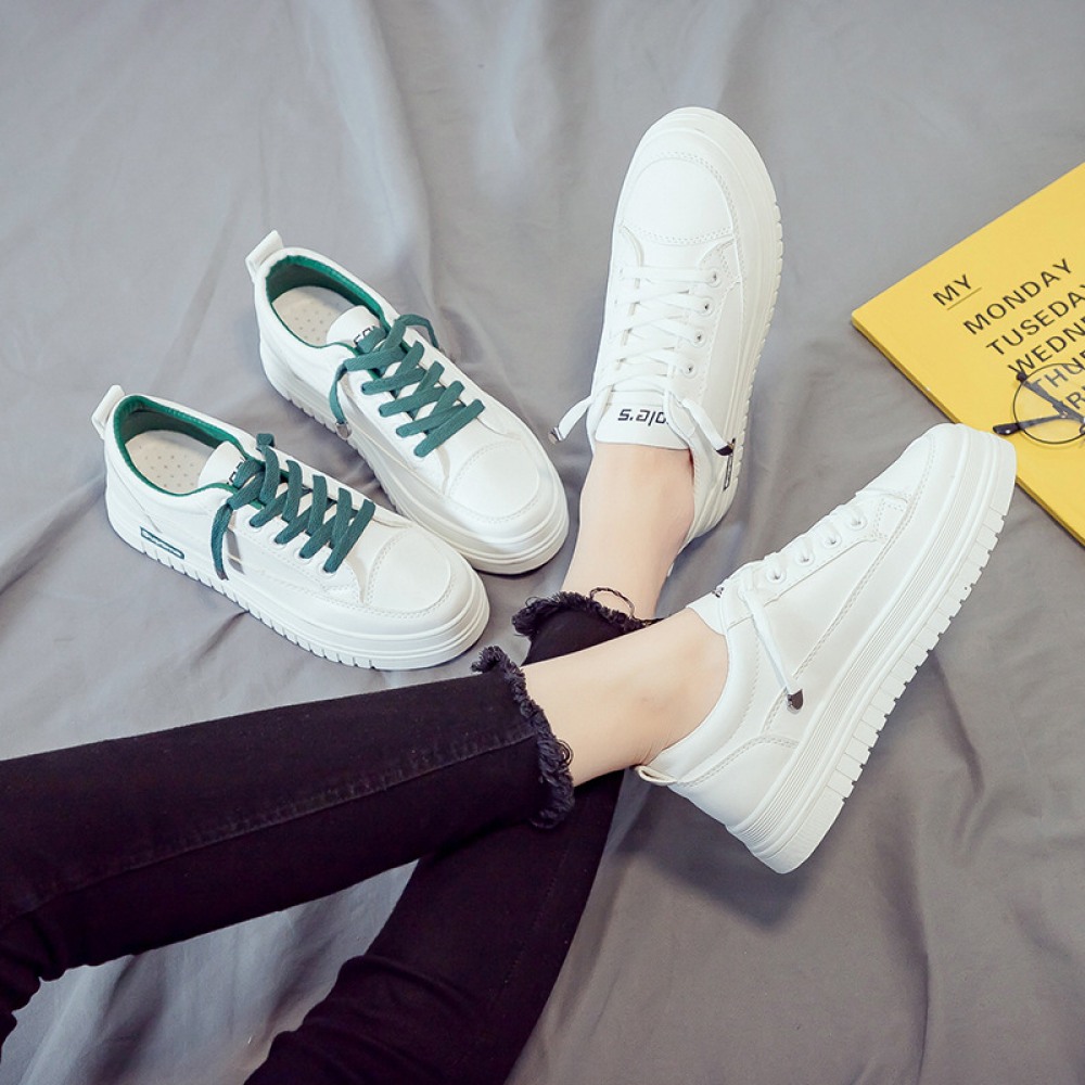 Basic White Shoes Spring New Student Flat Running Shoes Women's Lace-Up Platform Shoes