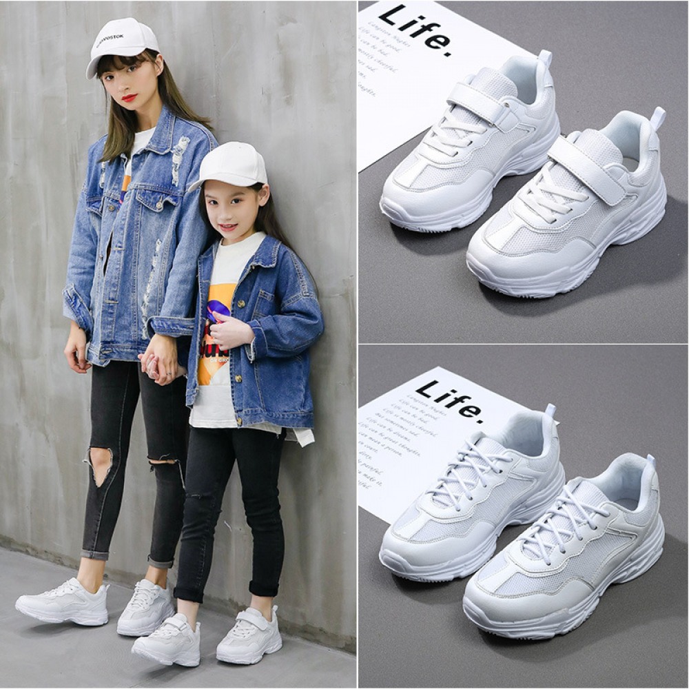 Children's White Parent-Child Shoes Spring New Breathable Mesh Mid-Large Casual Sports Shoes
